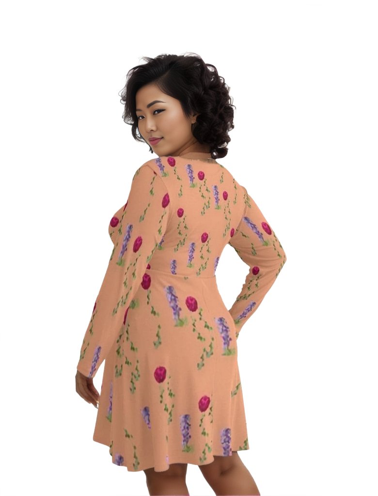 Peach Floral Womens V-neck Long Sleeve Dress Voluptuous (+) Plus Size - women's dress at TFC&H Co.