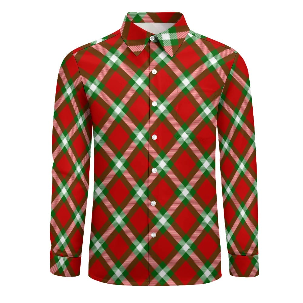 Red Peach Velvet Men's Christmas One Pocket Long Sleeve Shirt - men's button up shirt at TFC&H Co.