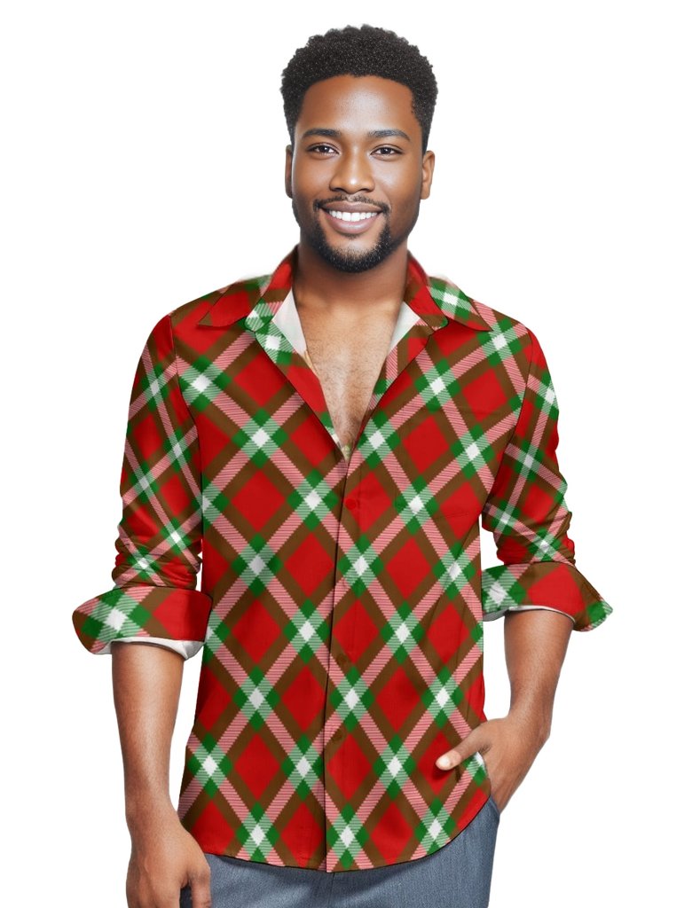 XS Red Peach Velvet Men's Christmas One Pocket Long Sleeve Shirt - men's button up shirt at TFC&H Co.