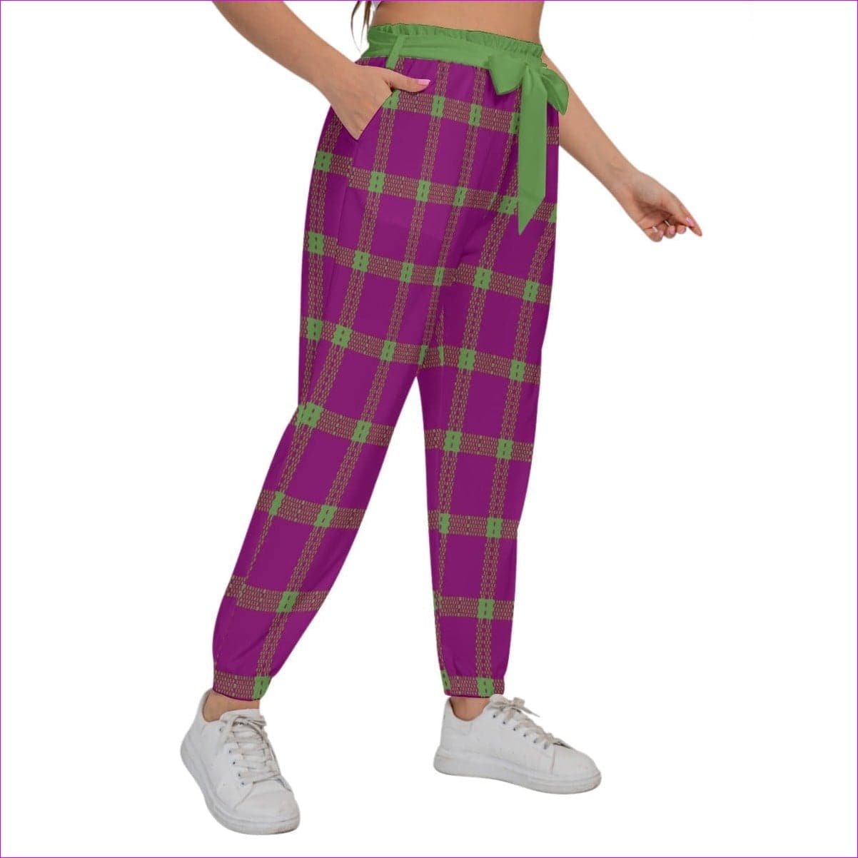 pink - Perfusion Plaid Women’s Trousers With Waist Belt Voluptuous (+) Plus Size - womens pants at TFC&H Co.