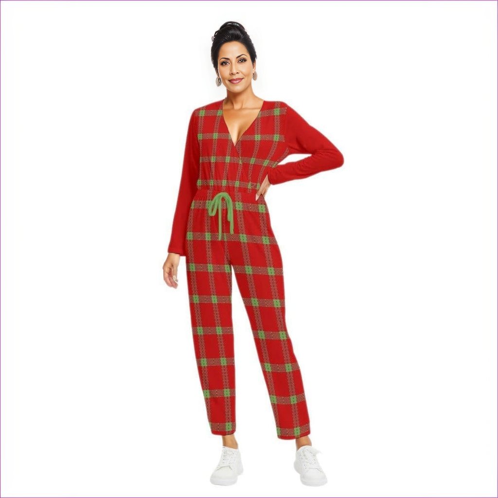 Red - Perfusion Plaid Womens V-neck High Waist Red Jumpsuit - womens jumpsuit at TFC&H Co.