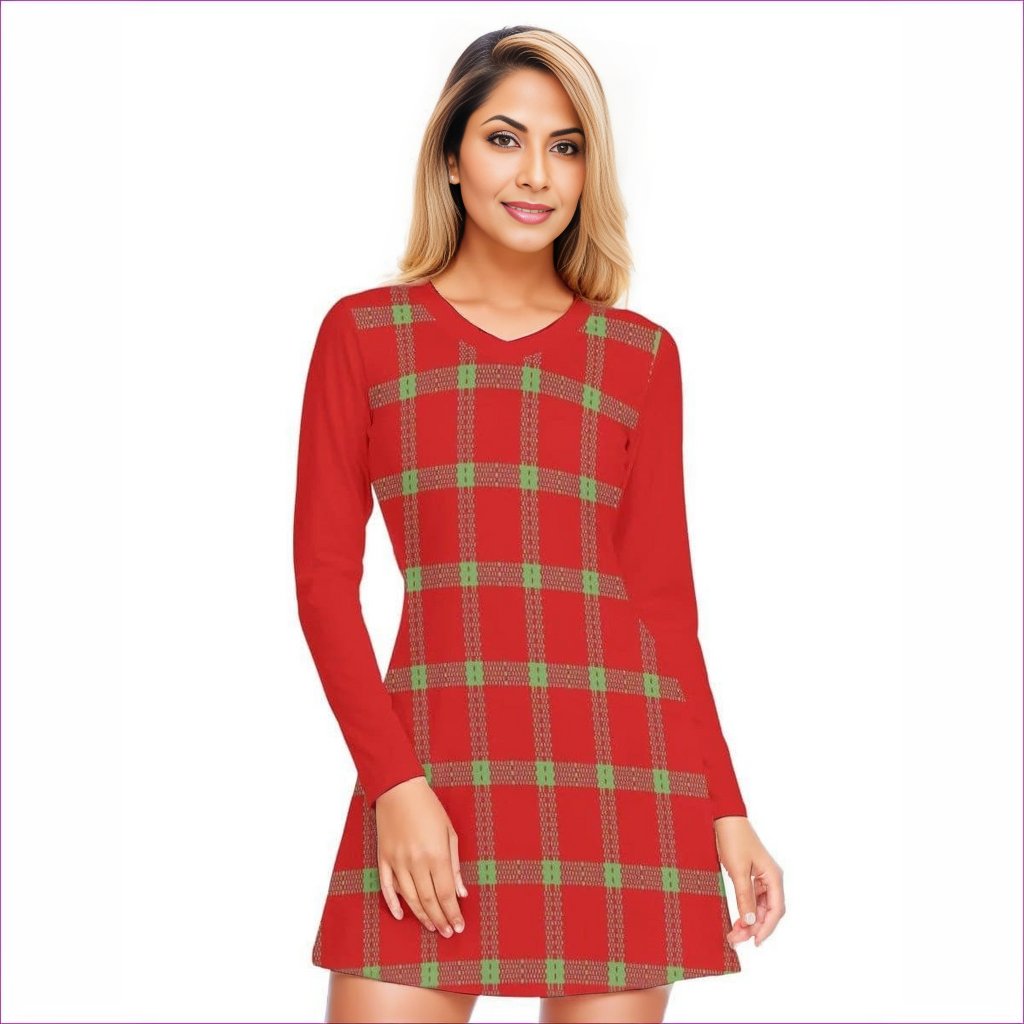 Red - Perfusion Plaid Womens V-neck Long Sleeve Dress - womens dress at TFC&H Co.