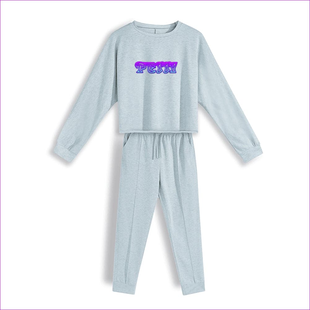 Grey Petty Womens Casual Long Sleeves Loose Crop Top Two-Piece Set - women's top & pants set at TFC&H Co.