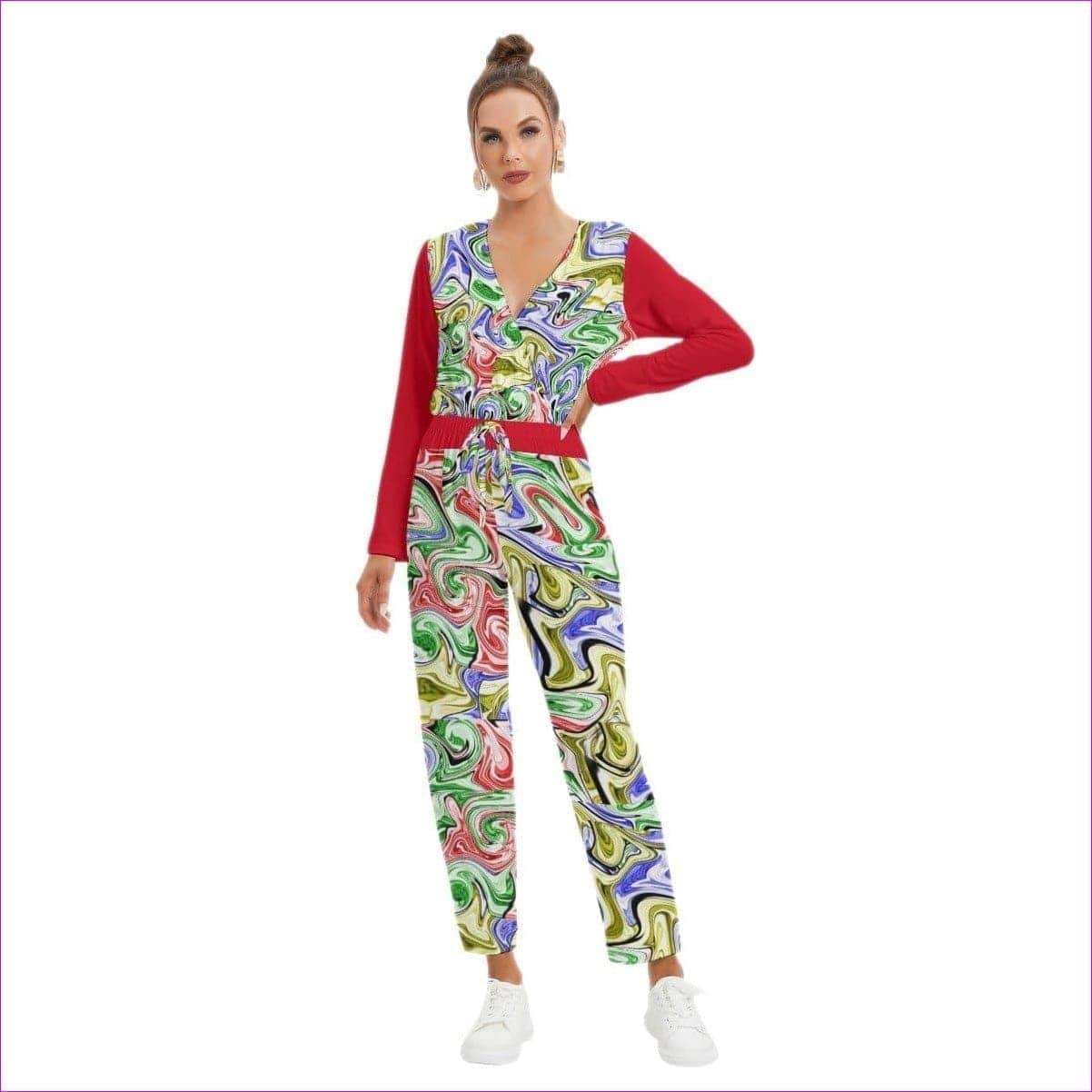Red Picasso Womens V-neck High Waist Jumpsuit - women's jumpsuit at TFC&H Co.