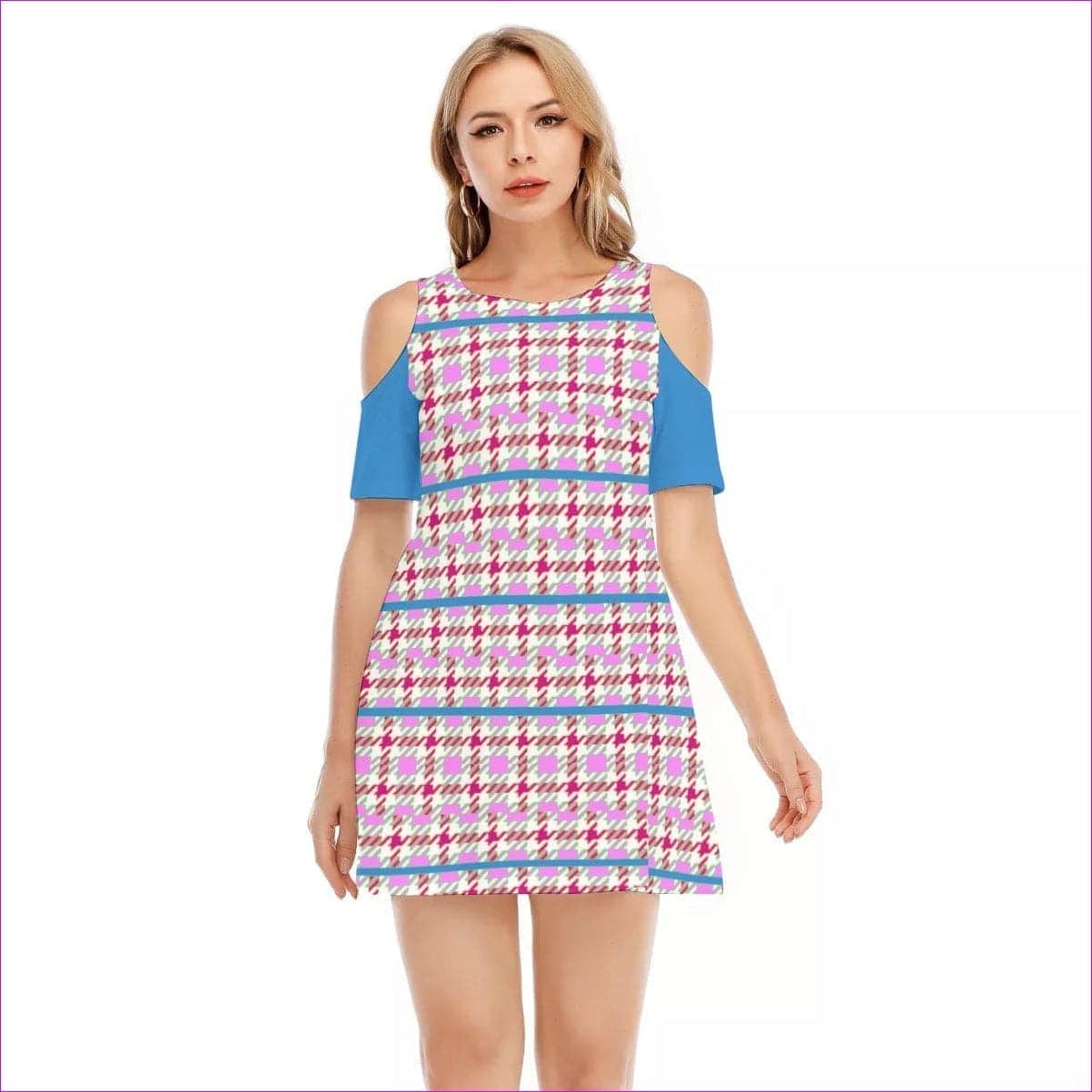 - Pink Houndstooth Teen's Cold Shoulder Dress | 100% Cotton - womens dress at TFC&H Co.