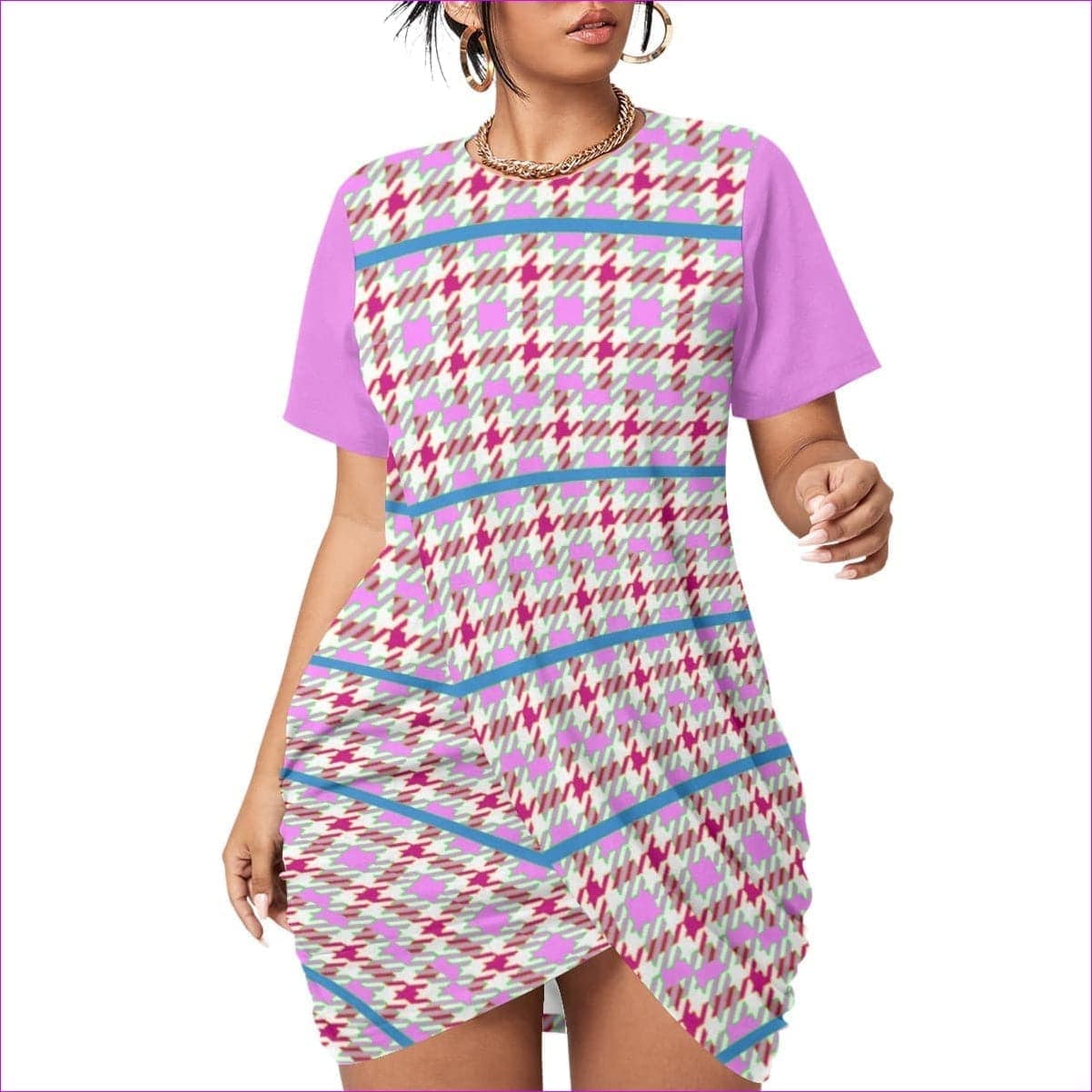 Pink Houndstooth Women’s Stacked Hem Dress With Short Sleeve Voluptuous (+) Plus Size - women's dress at TFC&H Co.