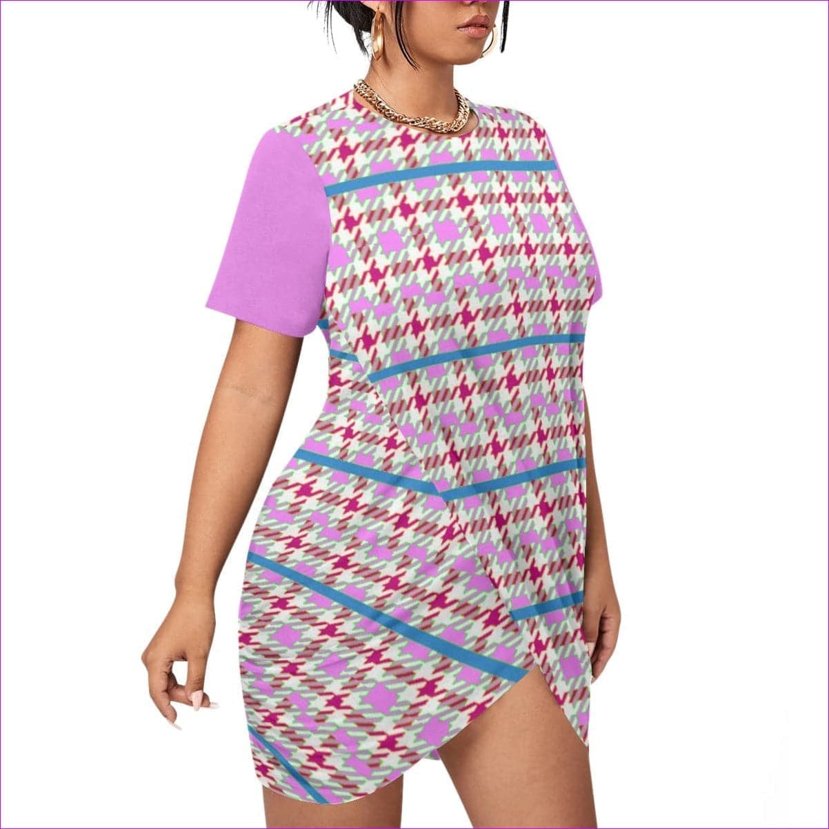 Pink Houndstooth Women’s Stacked Hem Dress With Short Sleeve Voluptuous (+) Plus Size - women's dress at TFC&H Co.