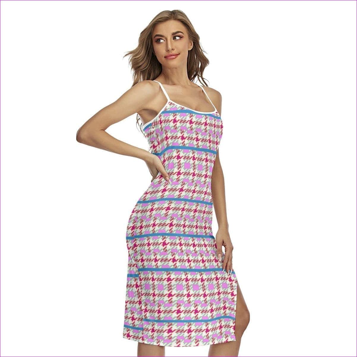 - Pink Houndstooth Womens Back Cross Cami Dress - womens dress at TFC&H Co.