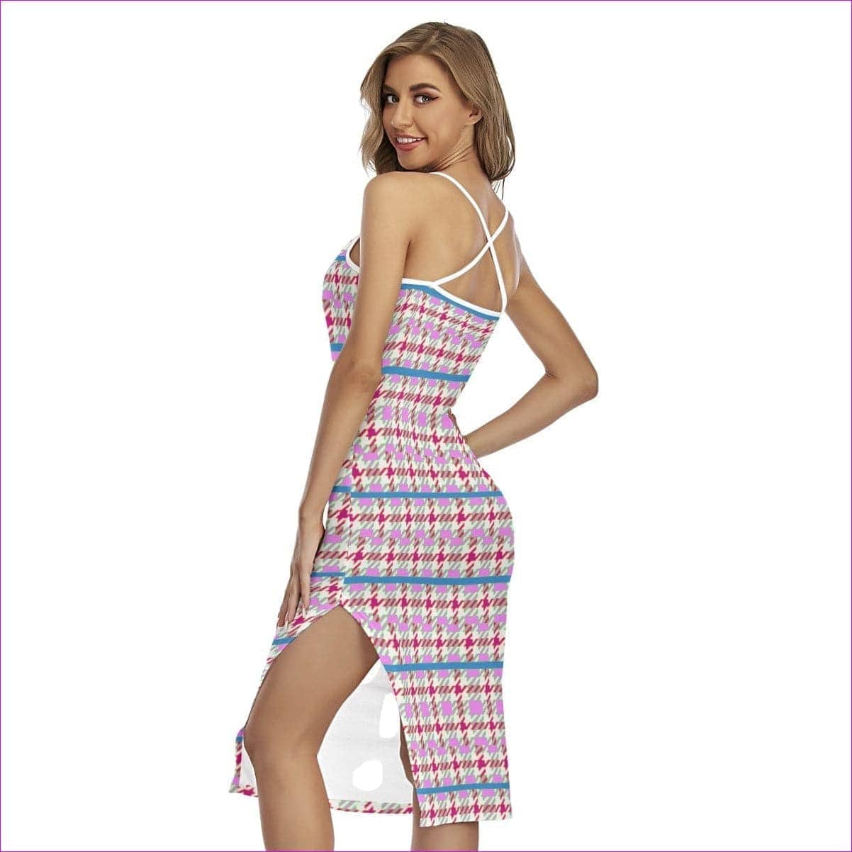 Pink - Pink Houndstooth Womens Back Cross Cami Dress - womens dress at TFC&H Co.