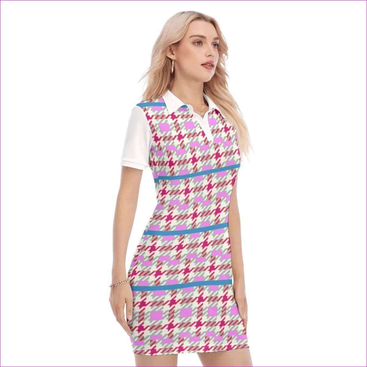 - Pink Houndstooth Womens Polo Collar Dress - womens dress at TFC&H Co.