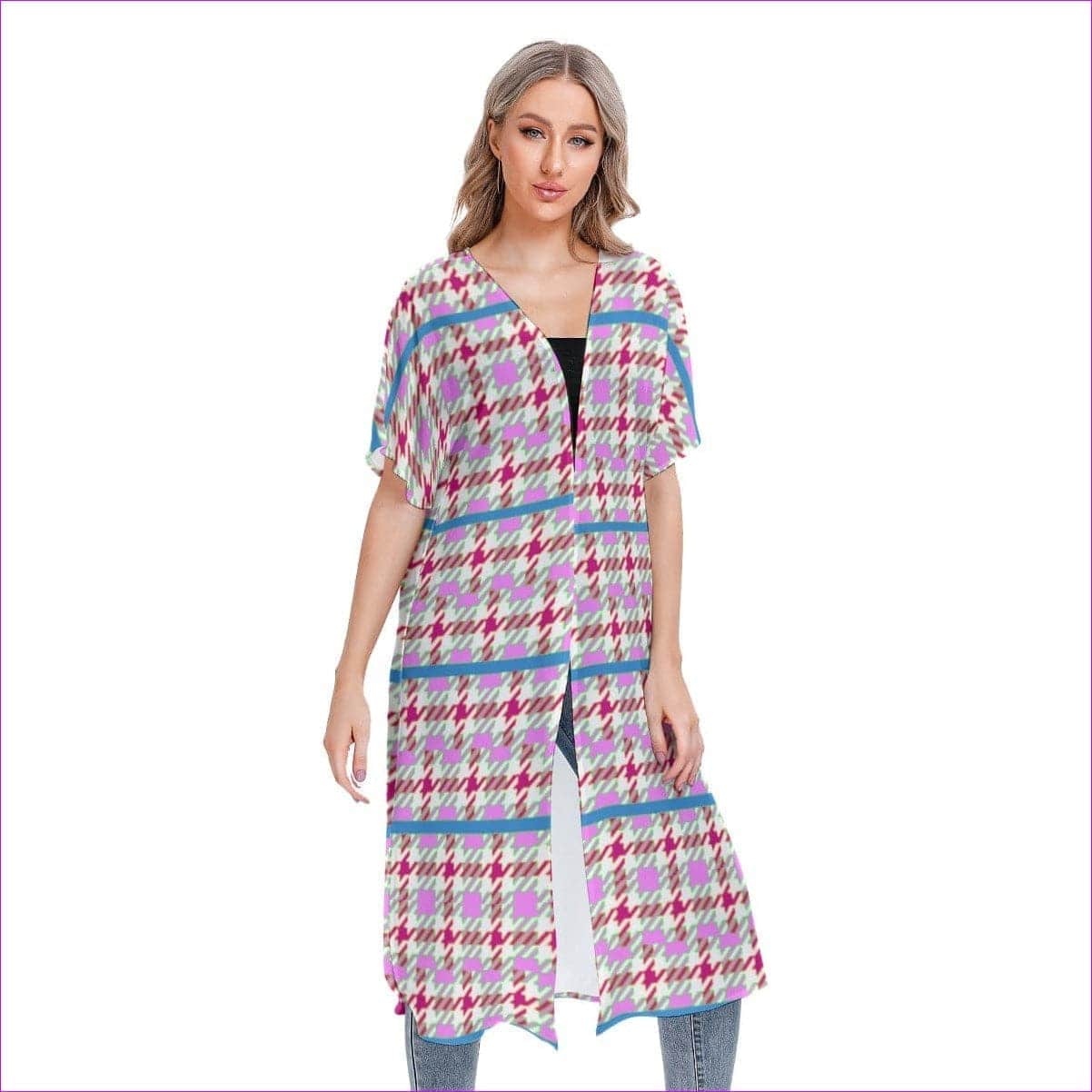 - Pink Houndstooth Womens Short Sleeve Cardigan - womens cardigan at TFC&H Co.