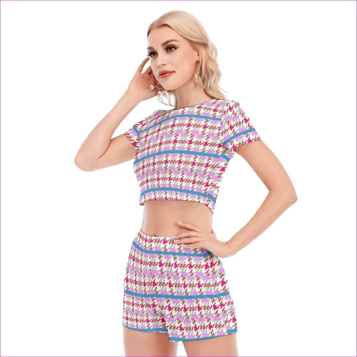 Pink - Pink Houndstooth Womens Short Sleeve Cropped Top Shorts Set - womens short set at TFC&H Co.