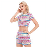 Pink - Pink Houndstooth Womens Short Sleeve Cropped Top Shorts Set - womens short set at TFC&H Co.