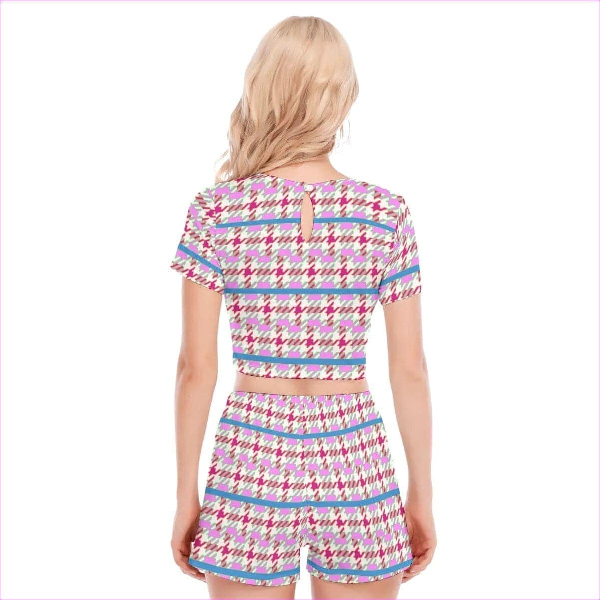 - Pink Houndstooth Womens Short Sleeve Cropped Top Shorts Set - womens short set at TFC&H Co.