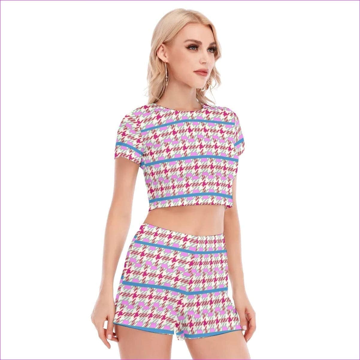 - Pink Houndstooth Womens Short Sleeve Cropped Top Shorts Set - womens short set at TFC&H Co.