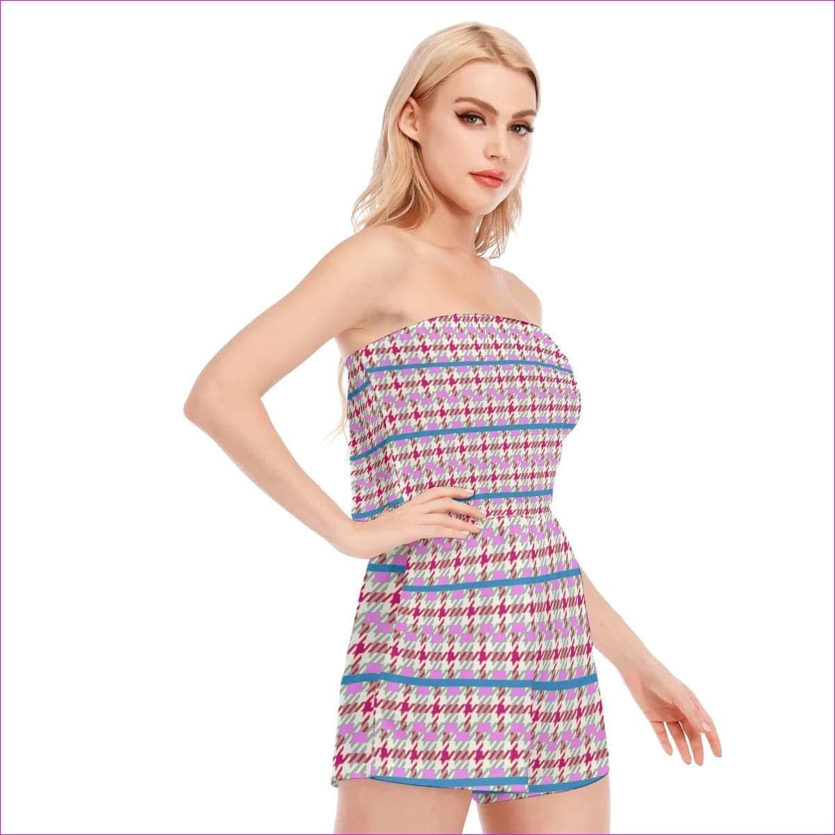 - Pink Houndstooth Womens Tube Top Romper - womens romper at TFC&H Co.