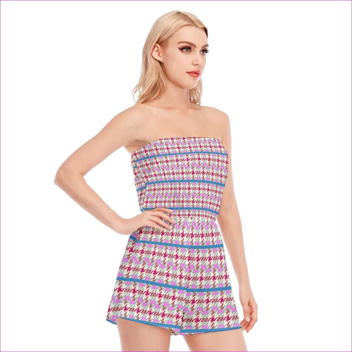 Pink - Pink Houndstooth Womens Tube Top Romper - womens romper at TFC&H Co.