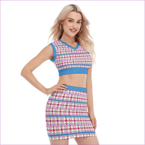 - Pink Houndstooth Womens V Collar Vest Skirt Set - womens top & skirt set at TFC&H Co.