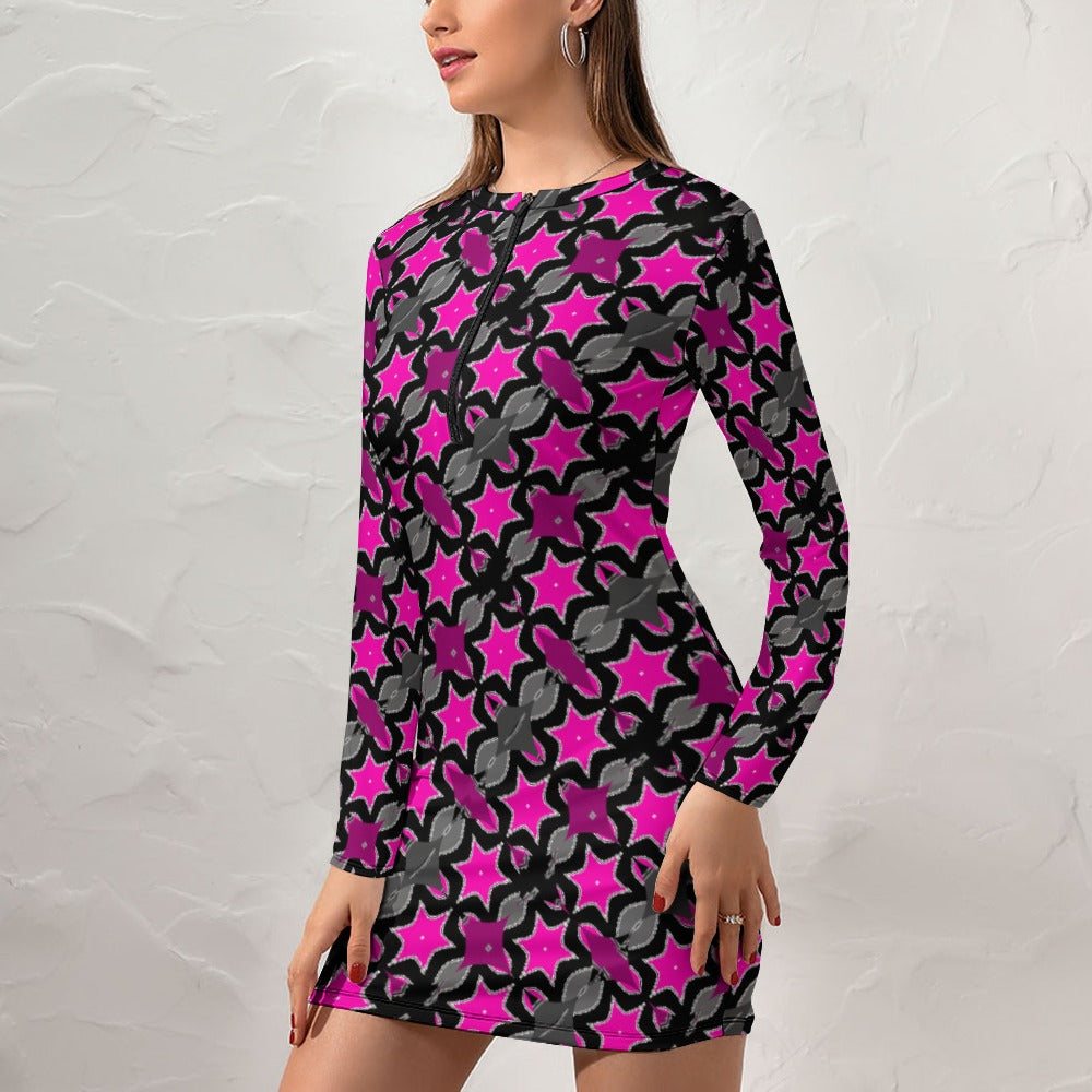 - Pink Star Women's Zipper Long Sleeve Hip Dress - womens dress at TFC&H Co.