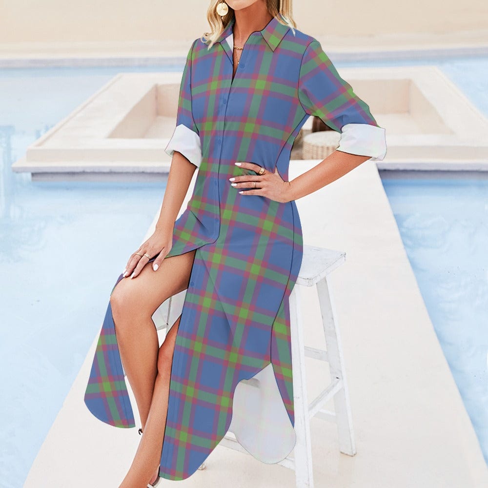 Stale Blue - Plaid Desires Button Neck Long Sleeve Shirt Dress - 2 options - womens dress at TFC&H Co.
