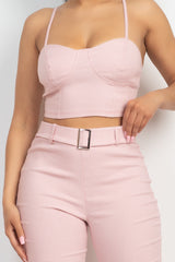 PINK/WHITE - Plaid Houndstooth Cami Crop Top & Belted Pants Set - 2 colors - Ships from The US - womens top & pants set at TFC&H Co.