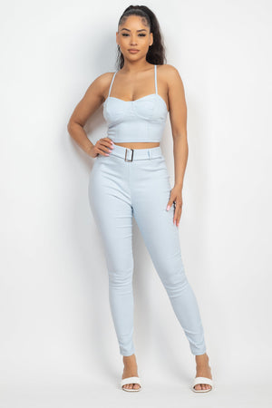 BLUE WHITE - Plaid Houndstooth Cami Crop Top & Belted Pants Set - 2 colors - Ships from The US - womens top & pants set at TFC&H Co.