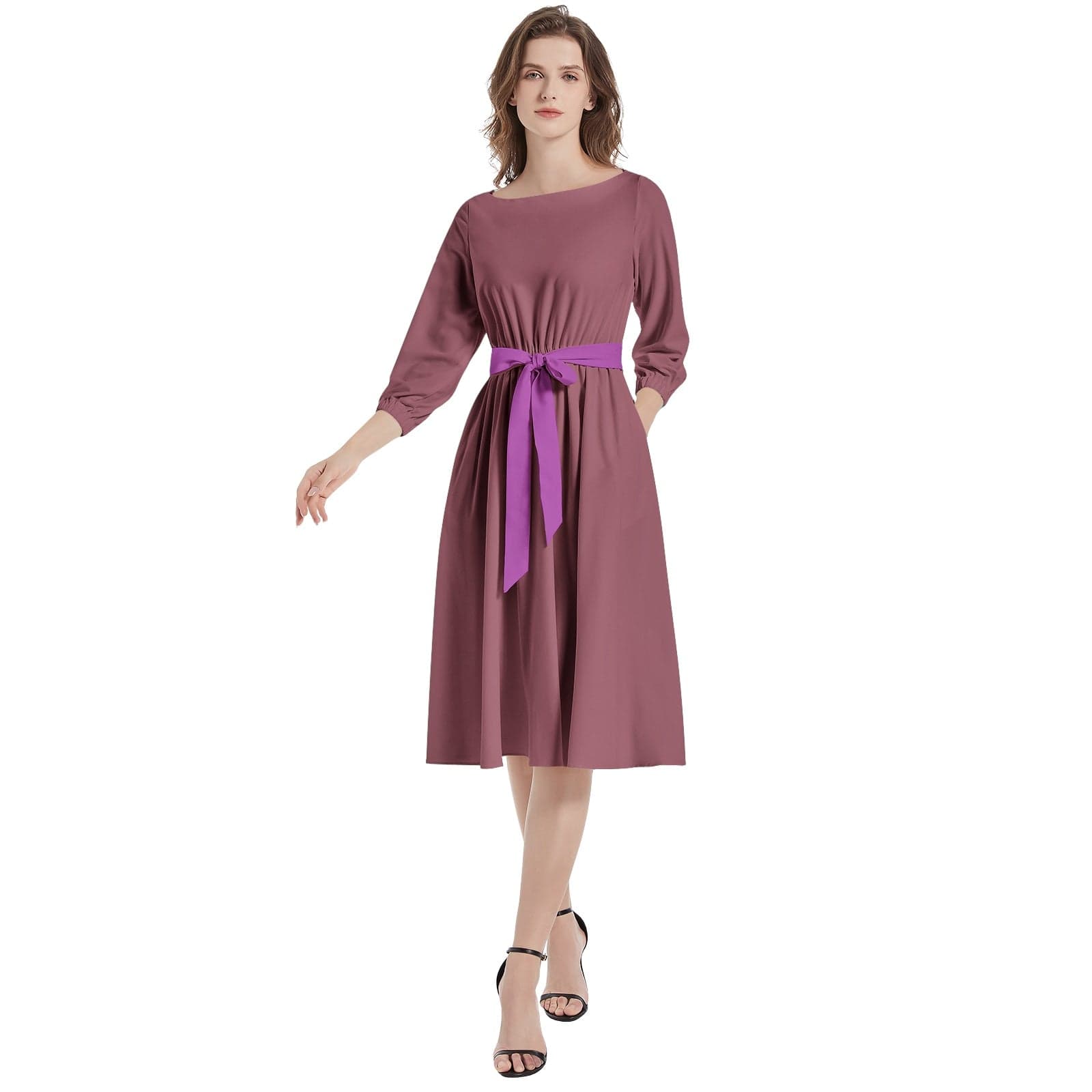 - Plum Berry Boat Neck Belted Flared Dress - womens dress at TFC&H Co.
