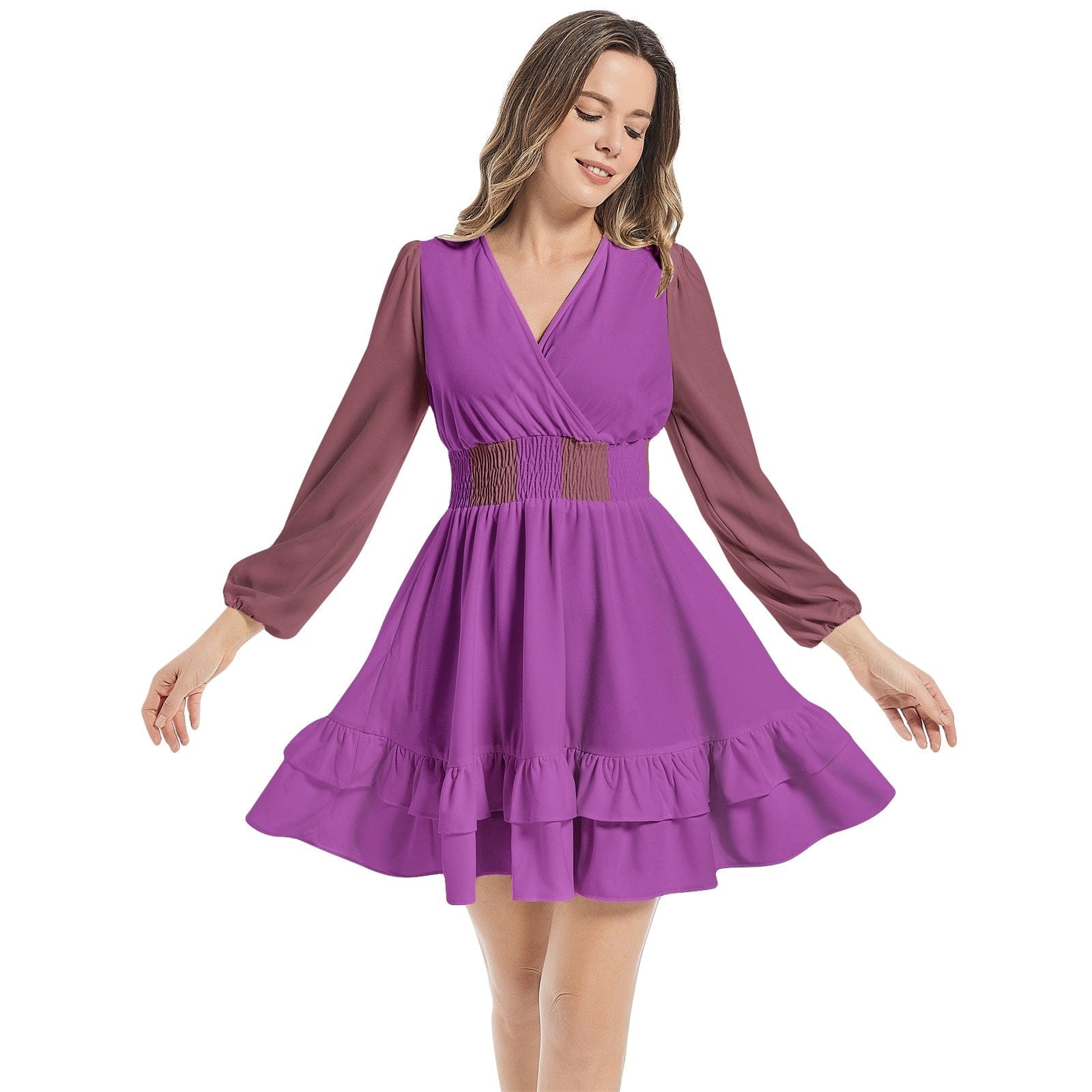 Plum Berry Long Sleeve Tiered Ruffle Hem Mini Dress - women's dress at TFC&H Co.