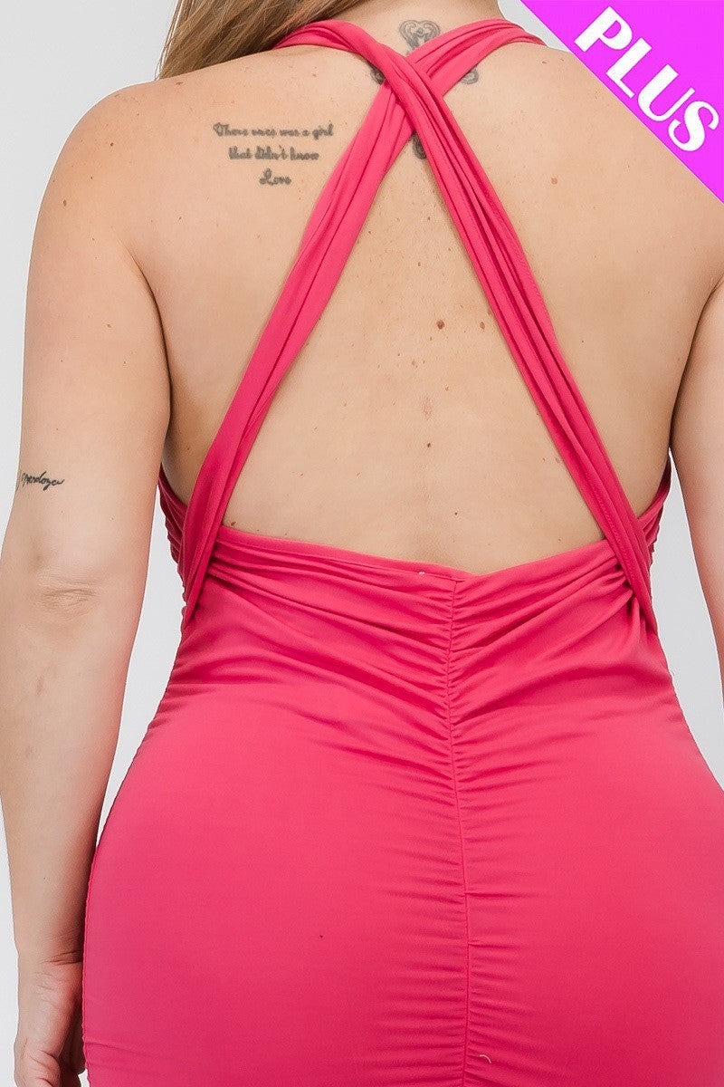 FUCHSIA Plunging Neck Crisscross Back Ruched Bodycon Mini Dress Voluptuous (+) Plus SIze - Ships from The US - women's dress at TFC&H Co.