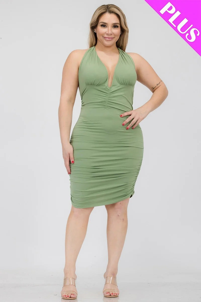 BASIL Plunging Neck Crisscross Back Ruched Bodycon Mini Dress Voluptuous (+) Plus SIze - Ships from The US - women's dress at TFC&H Co.