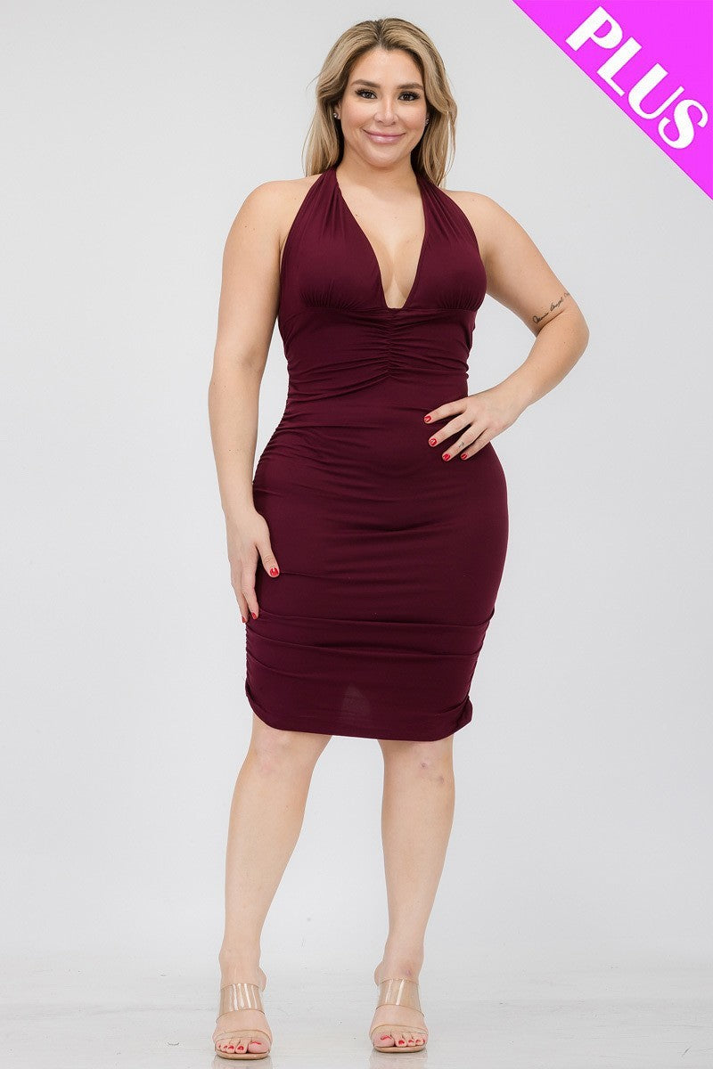 BURGUNDY Plunging Neck Crisscross Back Ruched Bodycon Mini Dress Voluptuous (+) Plus SIze - Ships from The US - women's dress at TFC&H Co.