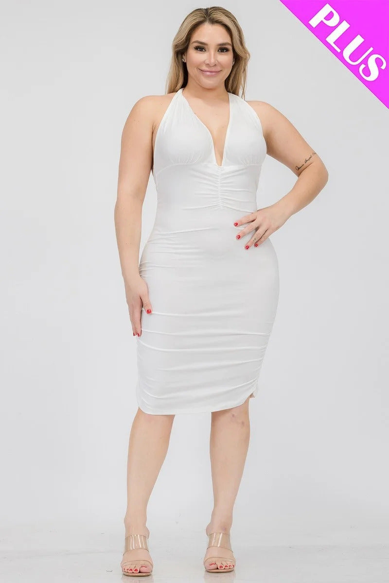 WHITE Plunging Neck Crisscross Back Ruched Bodycon Mini Dress Voluptuous (+) Plus SIze - Ships from The US - women's dress at TFC&H Co.