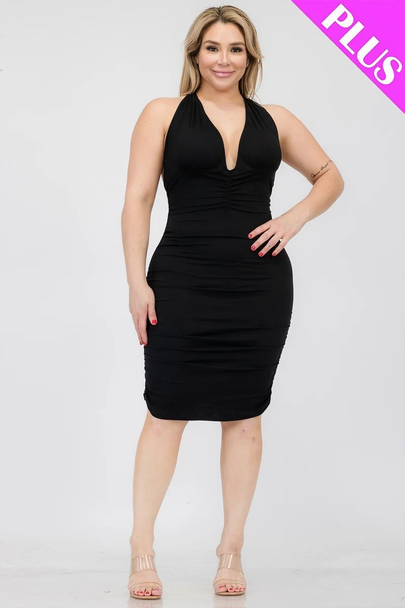 BLACK Plunging Neck Crisscross Back Ruched Bodycon Mini Dress Voluptuous (+) Plus SIze - Ships from The US - women's dress at TFC&H Co.