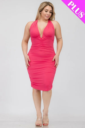 Plunging Neck Crisscross Back Ruched Bodycon Mini Dress Voluptuous (+) Plus SIze - Ships from The US - women's dress at TFC&H Co.