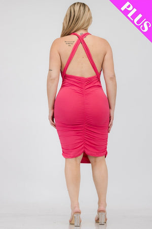 Plunging Neck Crisscross Back Ruched Bodycon Mini Dress Voluptuous (+) Plus SIze - Ships from The US - women's dress at TFC&H Co.