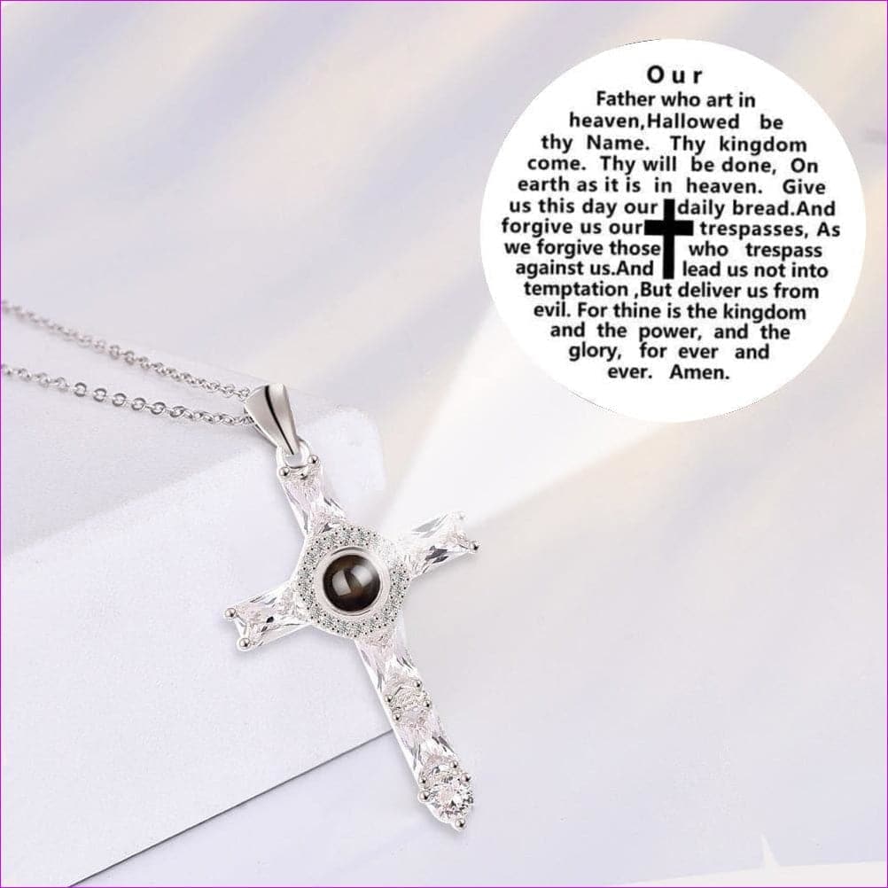 Silver Copper - Prayer Engraved Crystal Cross Projection Pendant Necklace - necklace at TFC&H Co.