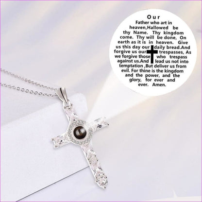 Silver Copper Prayer Engraved Crystal Cross Projection Pendant Necklace - necklace at TFC&H Co.