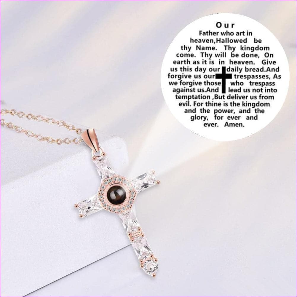Rosegold Copper - Prayer Engraved Crystal Cross Projection Pendant Necklace - necklace at TFC&H Co.