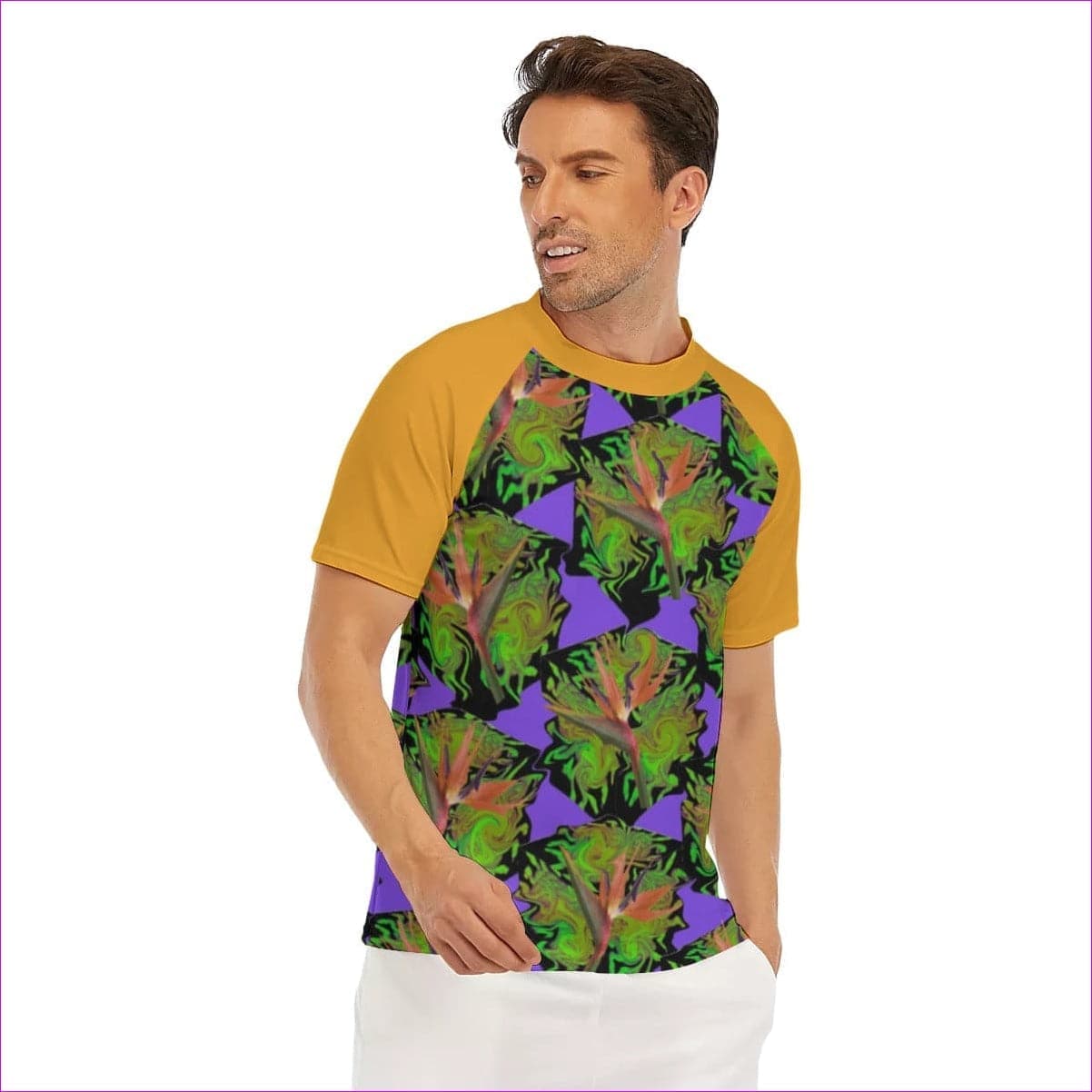multi-colored Psychedelic Paradise Men's Tight Surf Shirt With Half Sleeves - men's surf tee at TFC&H Co.