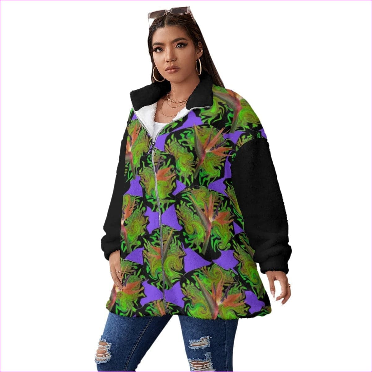 Psychedelic Paradise Womens Borg Fleece Stand-up Collar Coat With Zipper Closure (Plus Size) - women's coat at TFC&H Co.