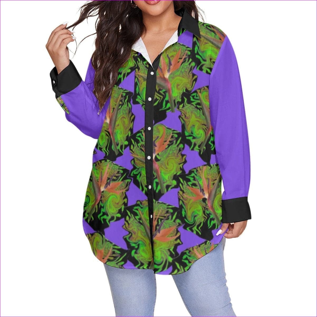 Psychedelic Paradise Womens Button-Up With Long Sleeve Voluptuous (Plus Size) - women's button-up shirt at TFC&H Co.