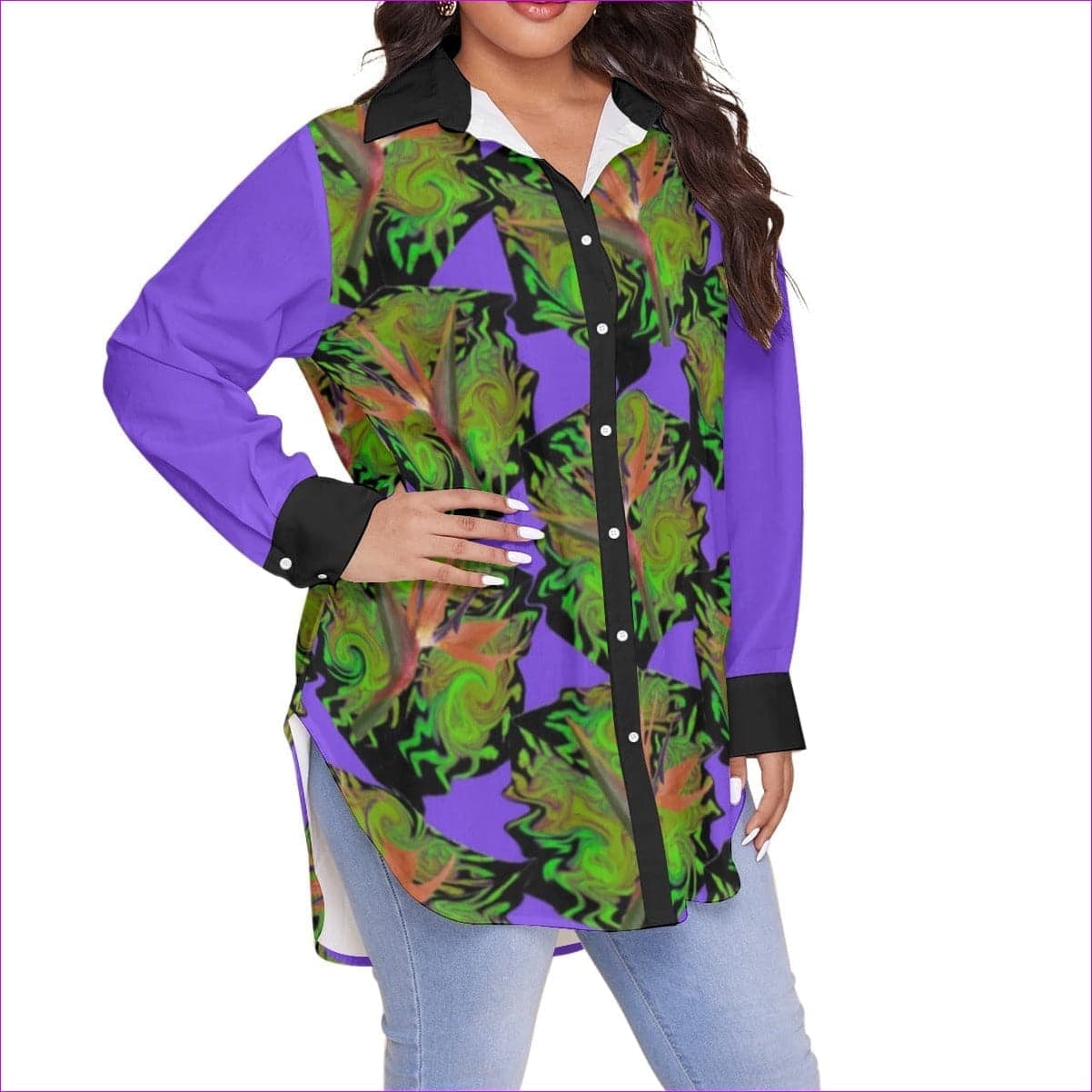 Purple - Psychedelic Paradise Womens Button-Up With Long Sleeve Voluptuous (Plus Size) - womens button-up shirt at TFC&H Co.