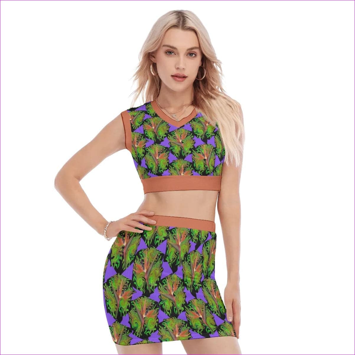multi-colored Psychedelic Paradise Womens Collarless V Collar Vest Skirt Set - women's skirt set at TFC&H Co.