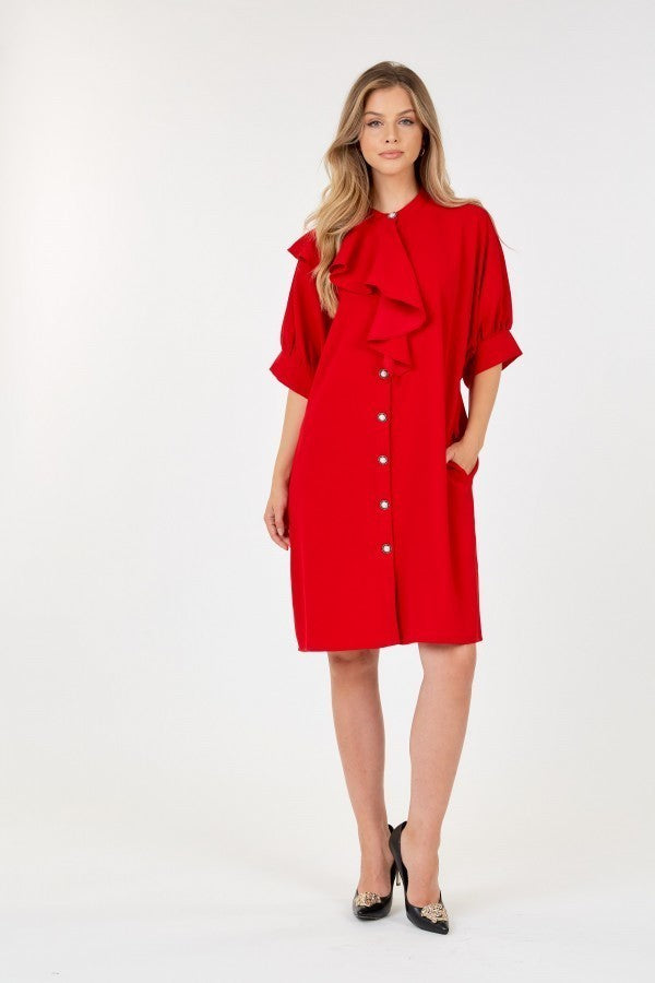 Puff Sleeve Dress With Frill Detail - Ships from The US - women's dress at TFC&H Co.