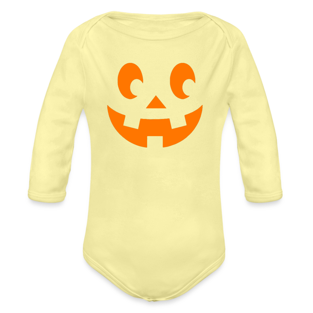 washed yellow Pumpkin Face Organic Long Sleeve Halloween Baby Onesie - infant onesie at TFC&H Co.