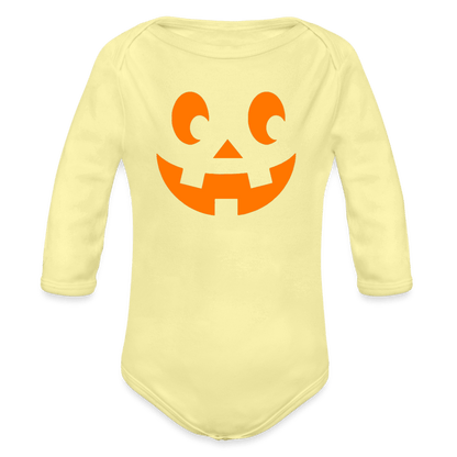 washed yellow Pumpkin Face Organic Long Sleeve Halloween Baby Onesie - infant onesie at TFC&H Co.