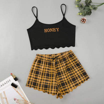 YELLOW Women's Letter HONEY Printed Camisole + Plaid Printed Shorts Homewear Set - women's pajama set at TFC&H Co.