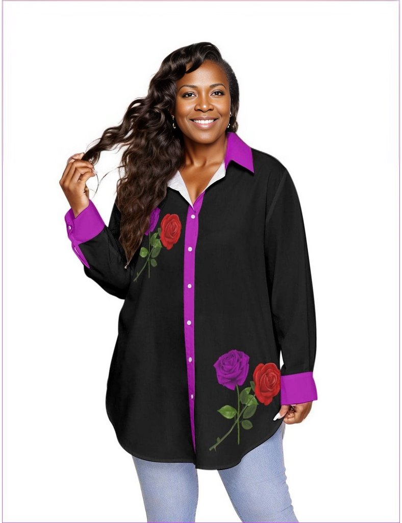 Black - Red Rose Purp 2 Women's Long Sleeve Black Button-Up Voluptuous (+) Plus Size - womens button-up shirt at TFC&H Co.