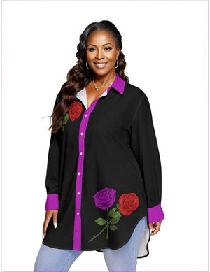 - Red Rose Purp 2 Women's Long Sleeve Black Button-Up Voluptuous (+) Plus Size - womens button-up shirt at TFC&H Co.