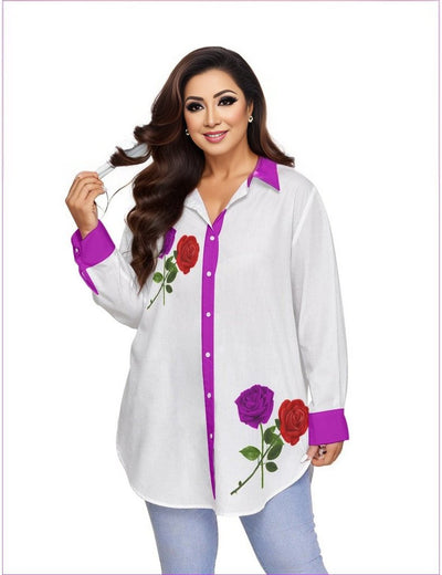 White - Red Rose Purp 2 Women's Long Sleeve Button-Up Voluptuous (+) Plus Size - womens button-up shirt at TFC&H Co.
